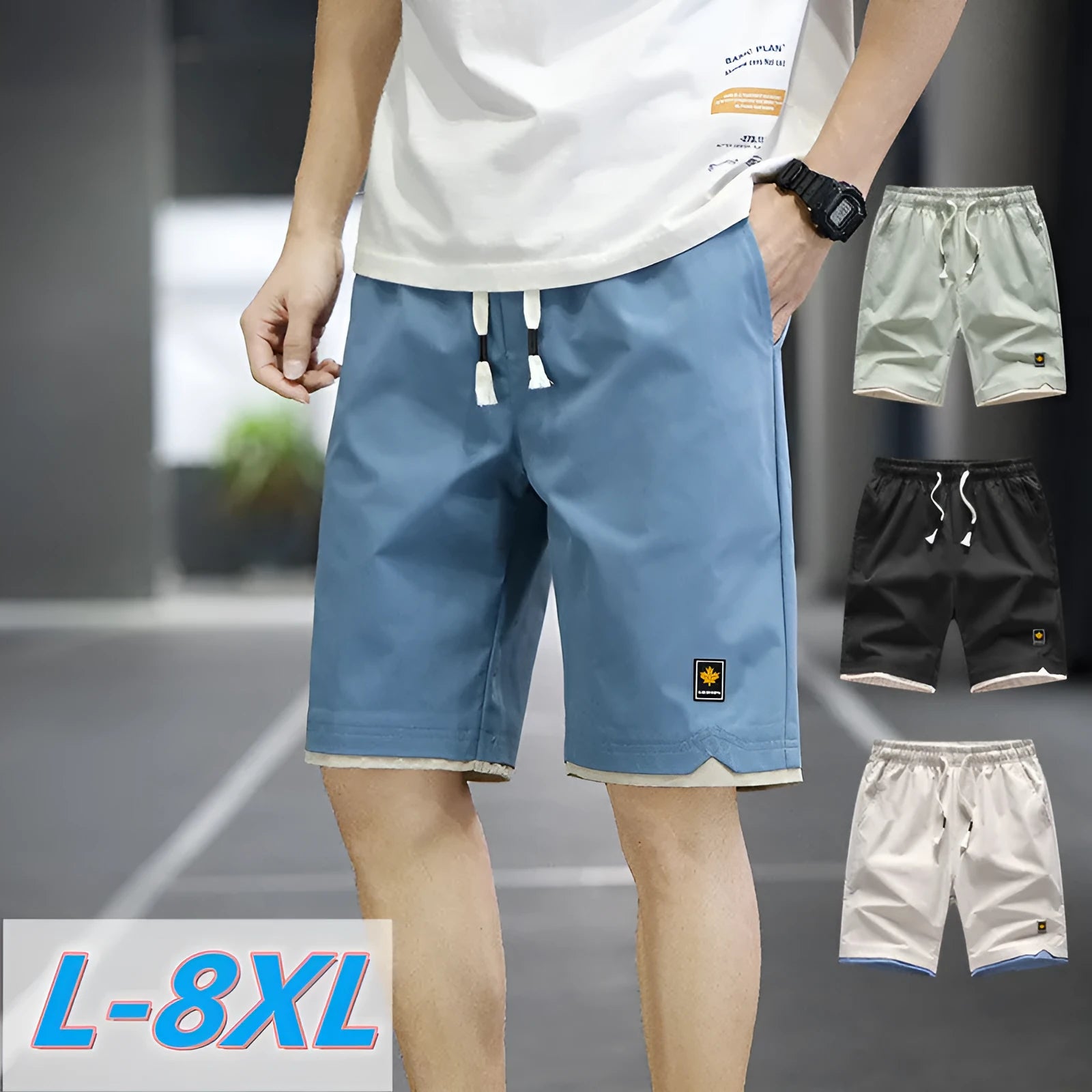Men's loose straight fifth pants in green polyester fabric with South Korea style casual design