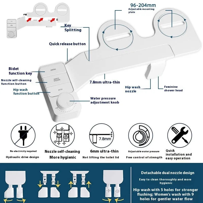 Pure white manual bidet attachment with split detachable design and one-click knob for water pressure control