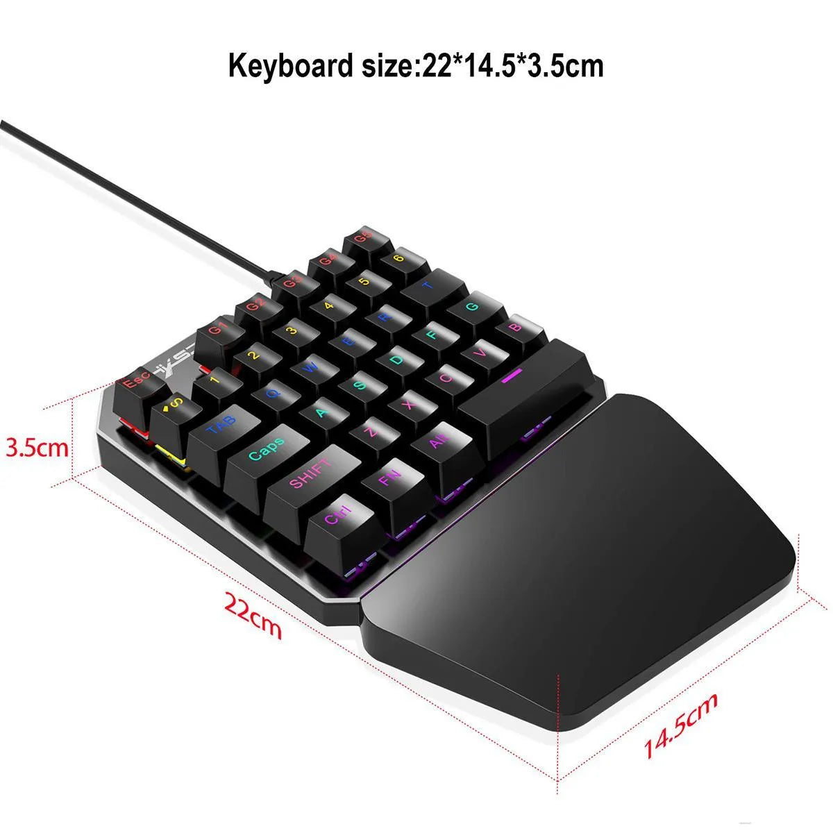 Mini one-handed mechanical gaming keyboard with 35 keys, seven-color backlight, and hand rest on desk