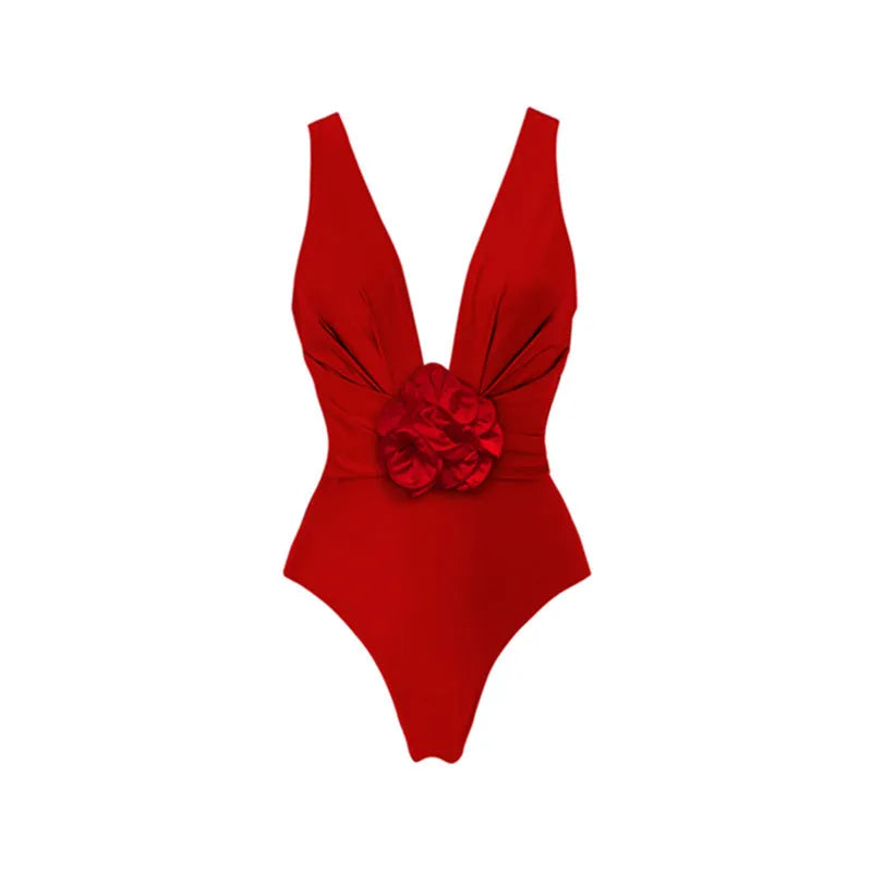 Red V-neck one-piece swimsuit with detachable skirt for women, open back design