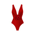 Red V-neck one-piece swimsuit with detachable skirt for women, open back design