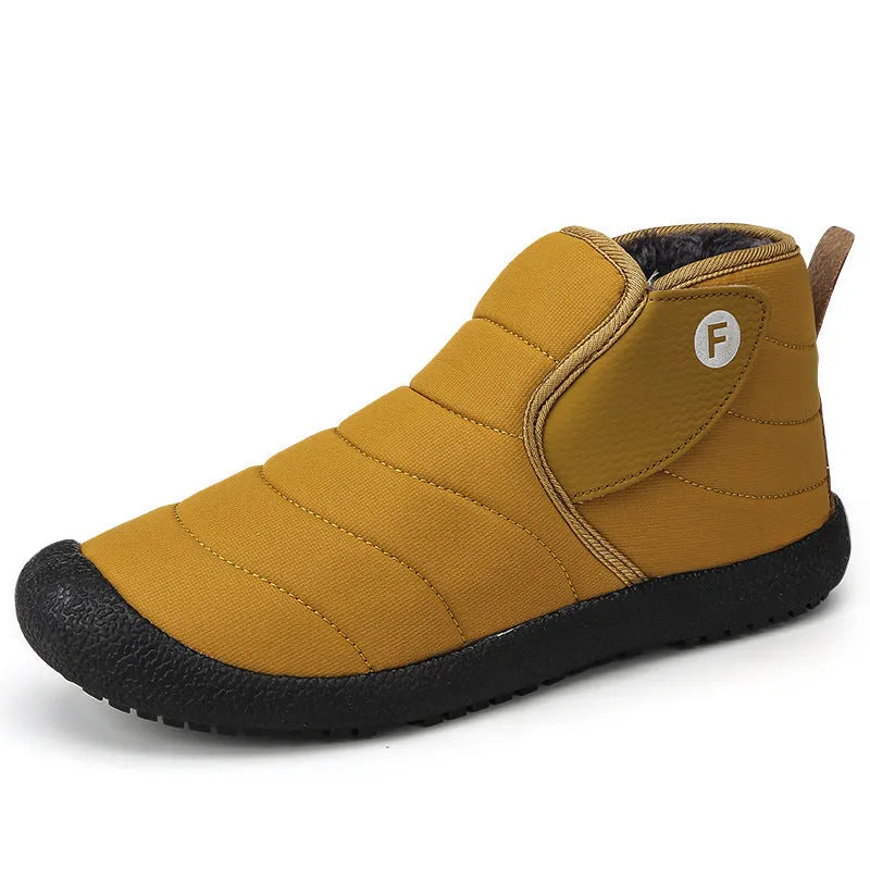 Men's waterproof cotton snow boots with non-slip rubber sole and plush lining in black, blue, green, and yellow.