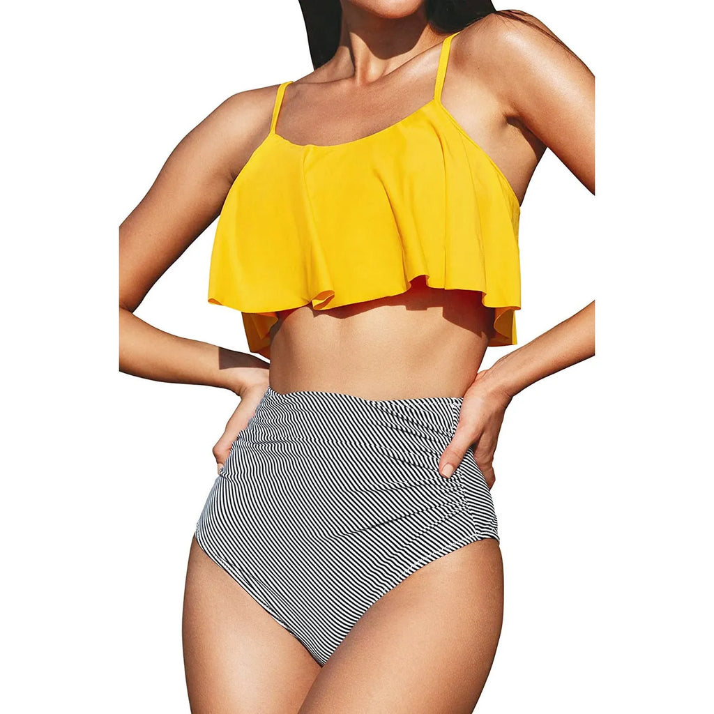 Solid colour striped split tight ruffled bikini with backless brief in Black, front view, polyester fabric