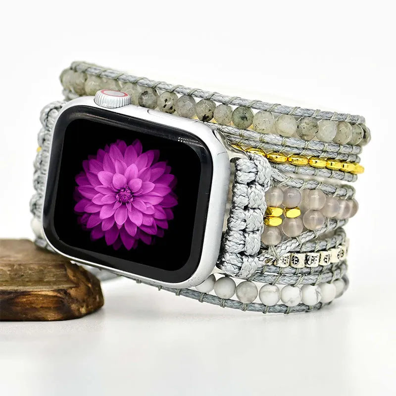 Natural stone beaded crystal watch band in bohemian style with multiple size options for 5.5 to 8.1 inch wrists