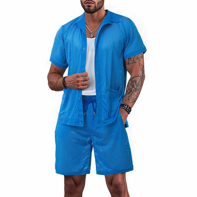 See-through short sleeve cardigan and shorts set for women in lake blue, shown on a hanger
