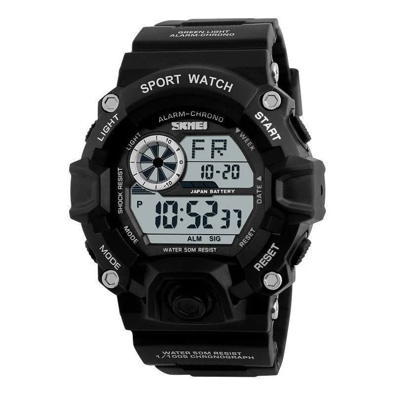 Digital sports watch with round dial, plastic strap, showing GMT display and available in army green colour.