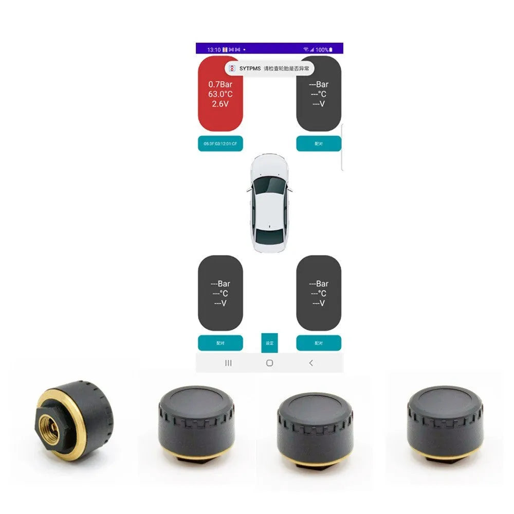 Black Bluetooth tyre pressure monitor for mobile phone display with four sensors
