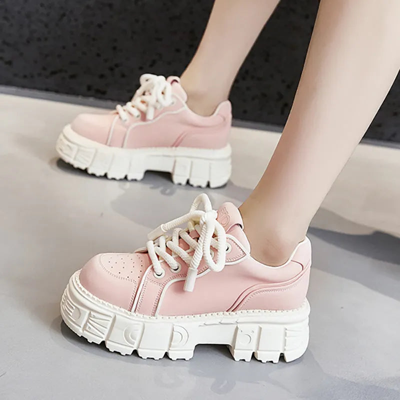 Beige and pink leather platform shoes with muffin bottom spring fashion styling