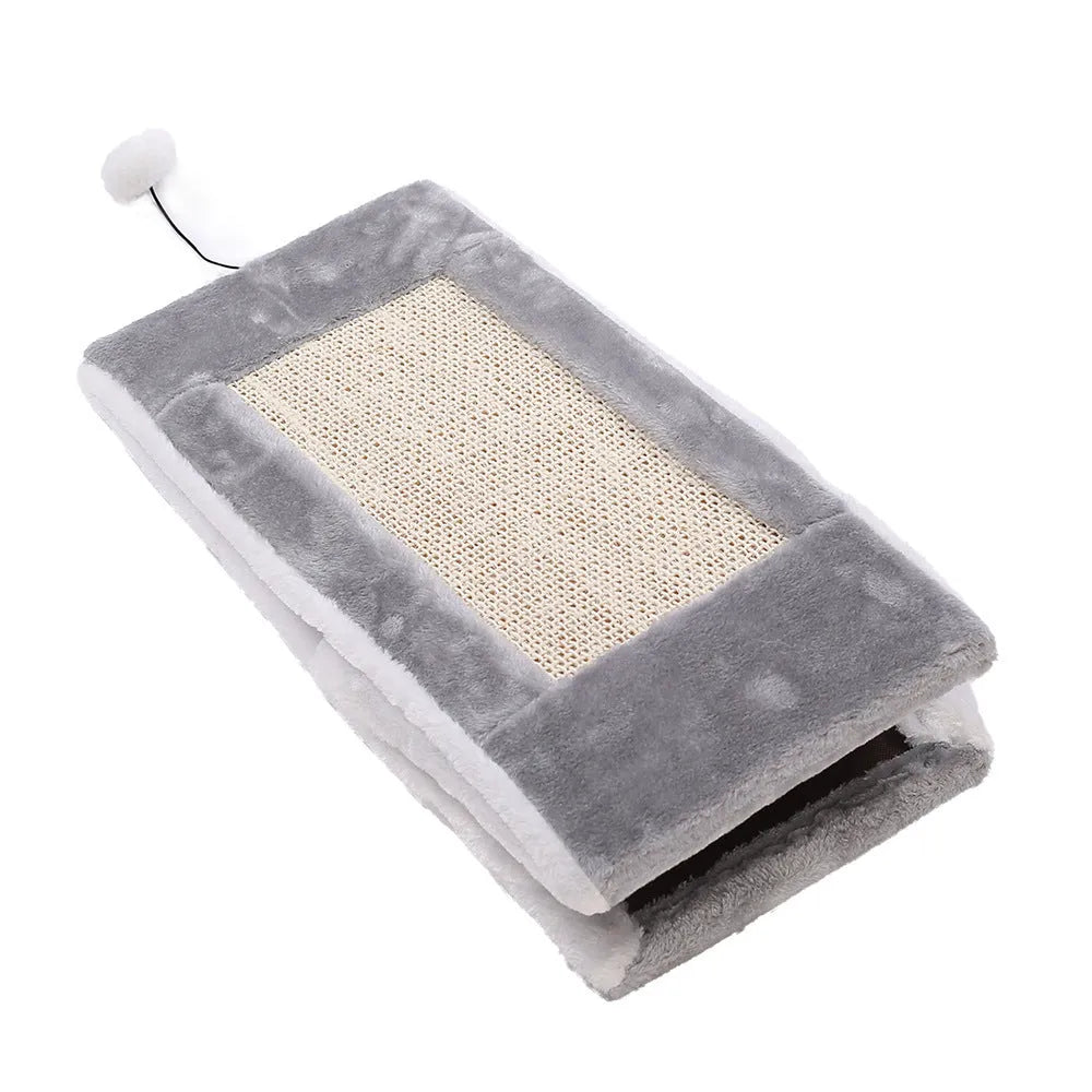 Triangular cat nest bed with sisal scratching posts in grey and white colour.