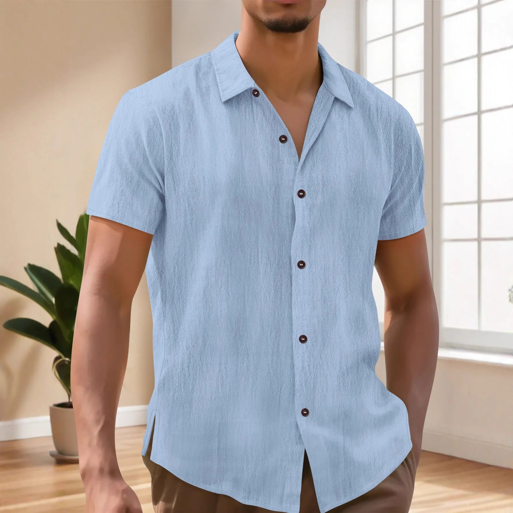 Men's linen lapel short sleeve shirt in khaki, front view, cardigan-style collar, short sleeves