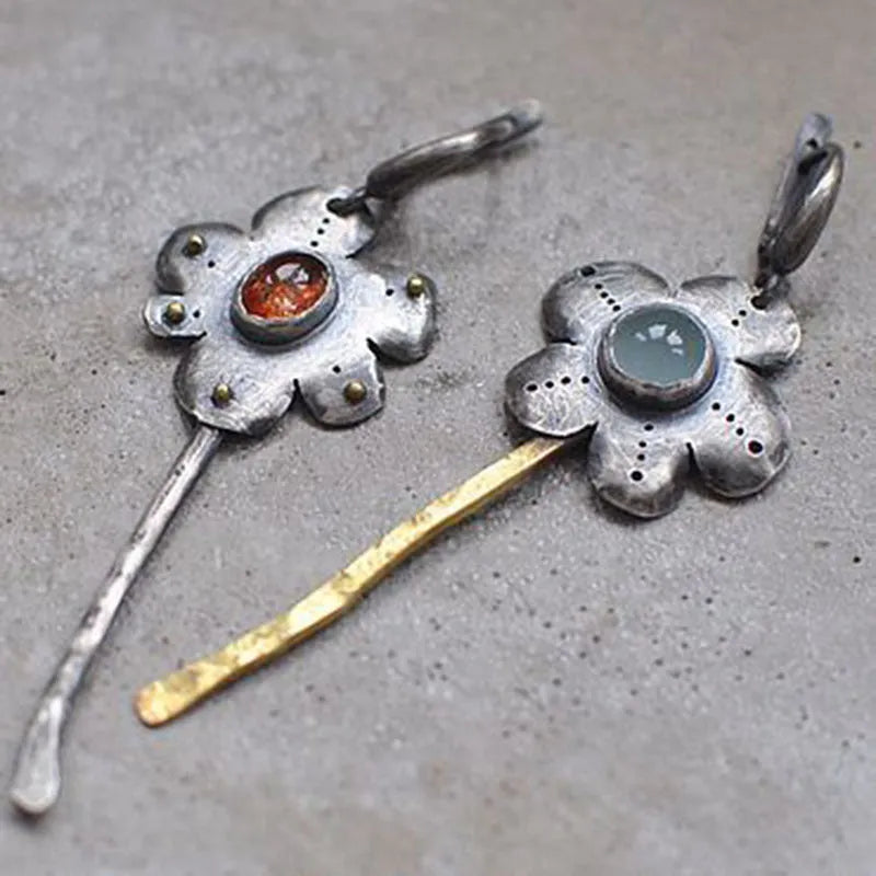 Fashion retro two-tone flower long earrings, alloy, electroplated finish, geometric shape, asymmetrical colours