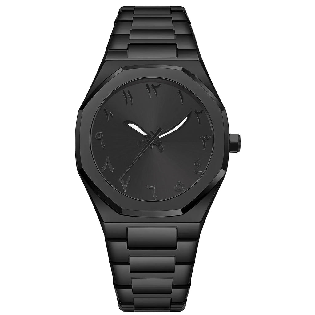 Men's business casual steel belt quartz watch showing black and silver colour options