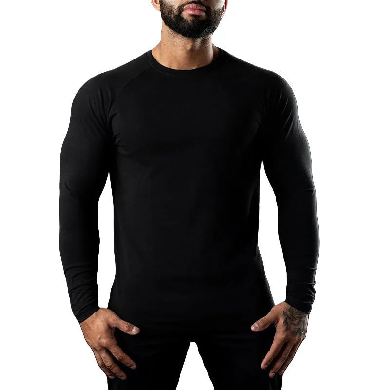 Men's long sleeve cotton sports T-shirt round neck quick-drying exercise top Army Green front view