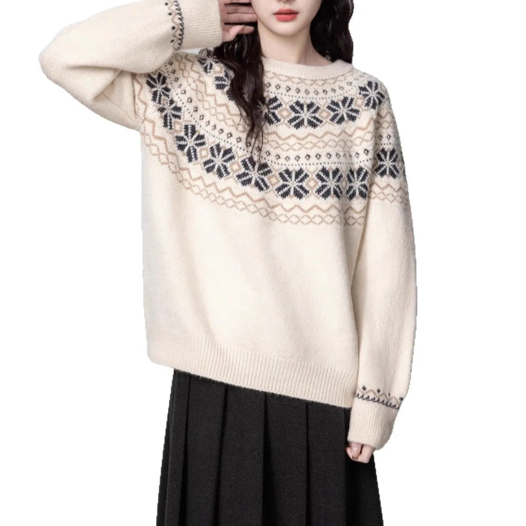 Women's milky white fair isle sweater with geometric pattern, crew neck, and long sleeves