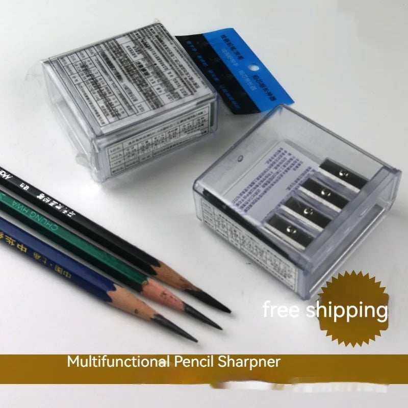 Geometric-shaped plastic pencil sharpener with four holes and an included screwdriver tool.