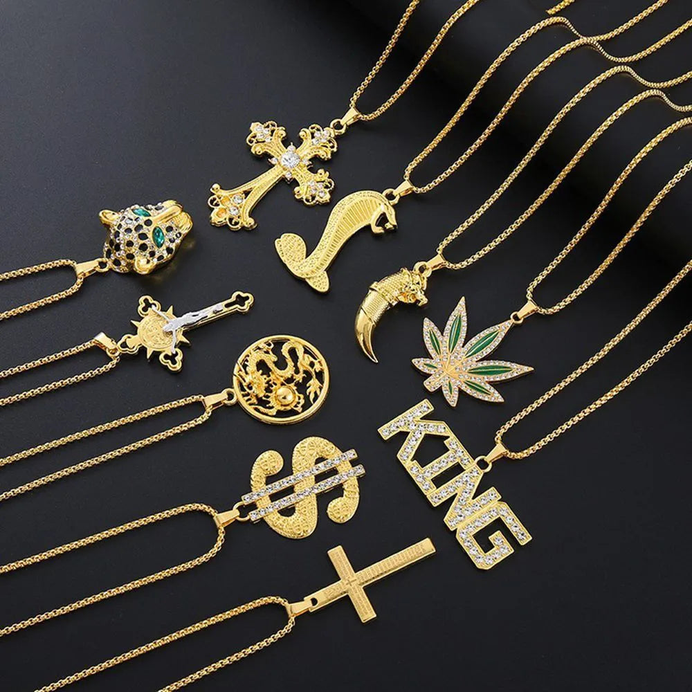 Gold tone geometric pendant necklace with inlaid zircon stones women's jewellery