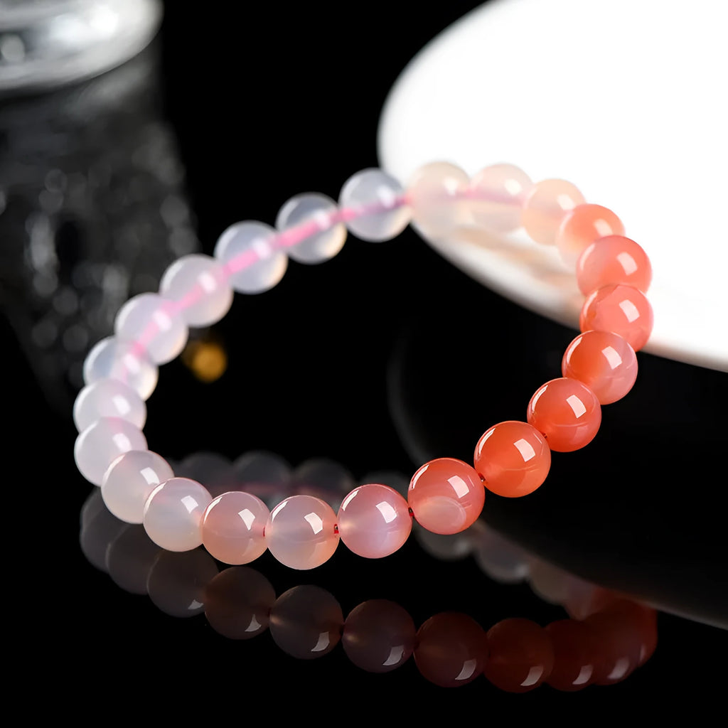 Natural gradient Yanyuan agate bracelet in a unisex geometry style on a wrist.