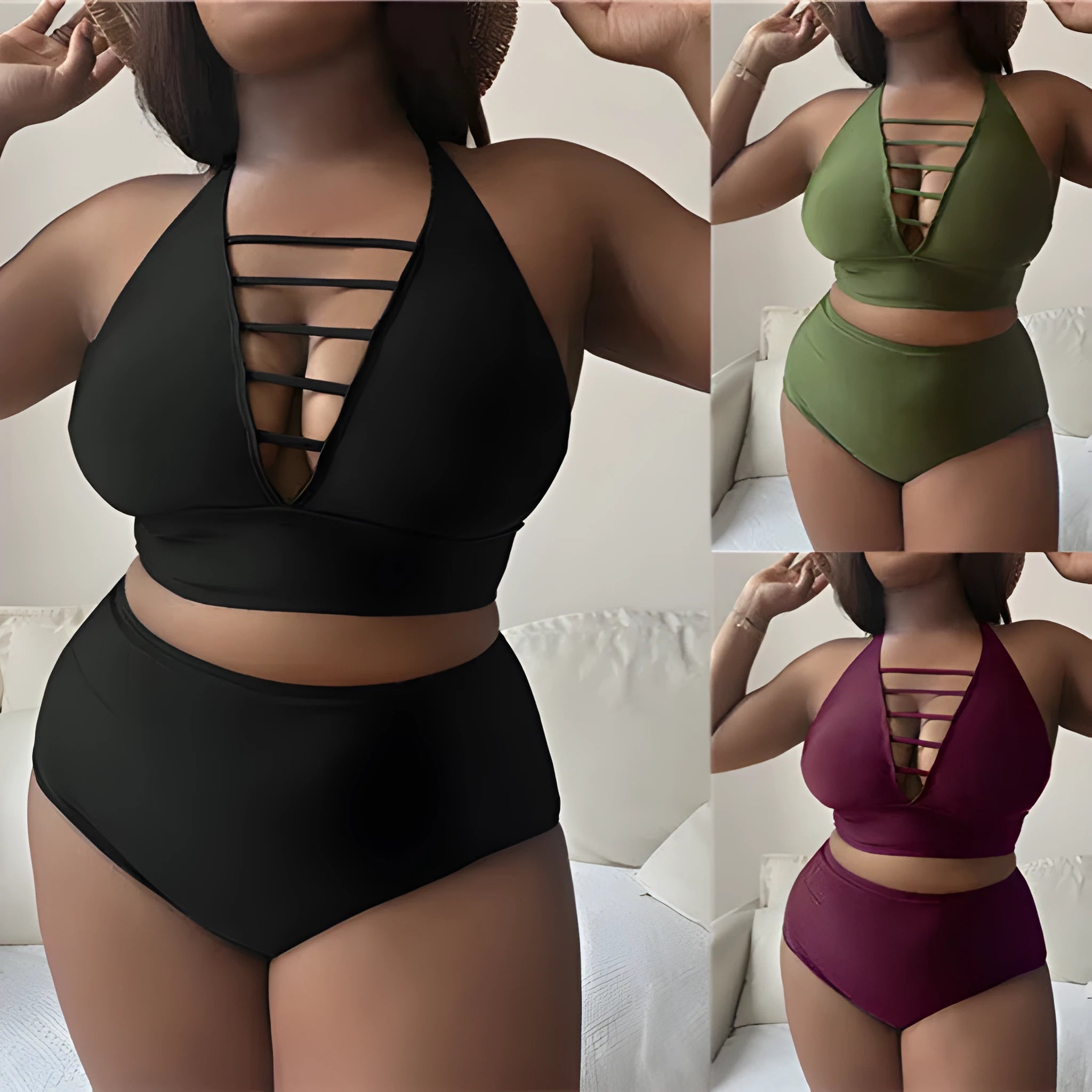 Plus size halter bikini with adjustable cross straps and high waist briefs in solid colour