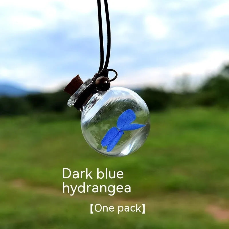 Glass fire extinguisher shaped pendant with preserved hydrangea flowers for car interior decoration