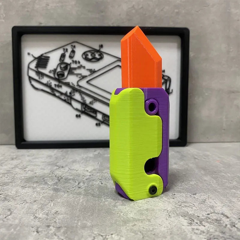 3D printed gravity carrot fidget knife in orange, purple and green colour on white background