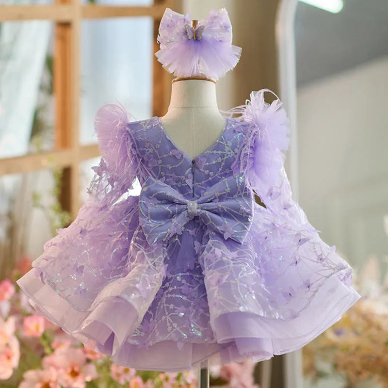 Butterfly sequined long sleeve princess dress for children in dreamy purple colour