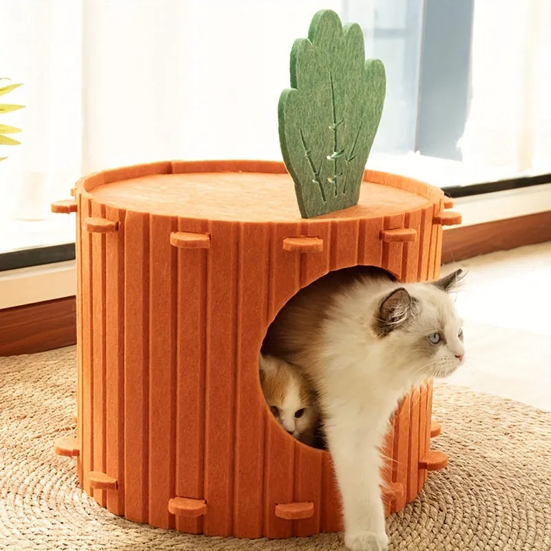 Grey thick felt semi-enclosed cat tunnel nest bed showing its drilled entrance and soft interior.