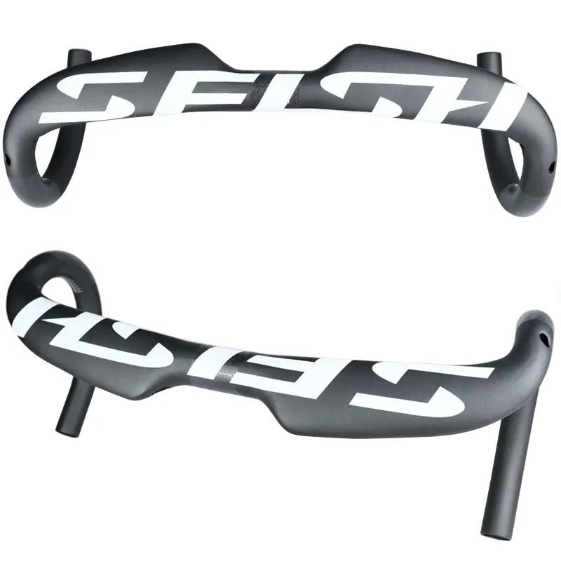 Carbon fibre road bike drop handlebar in black light finish with 31.8mm clamp and internal cable routing ports