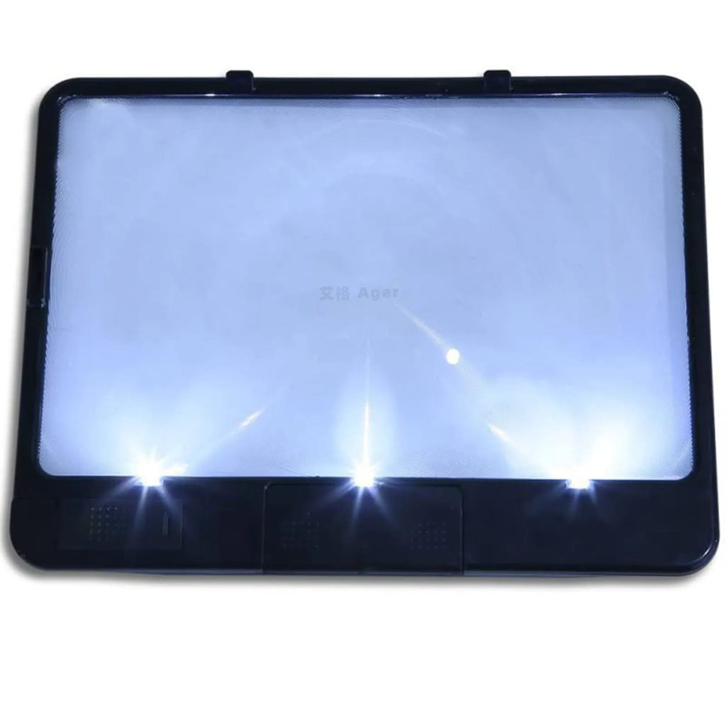 180x140mm 3x PVC magnifying glass with 3LED lamp for reading in black