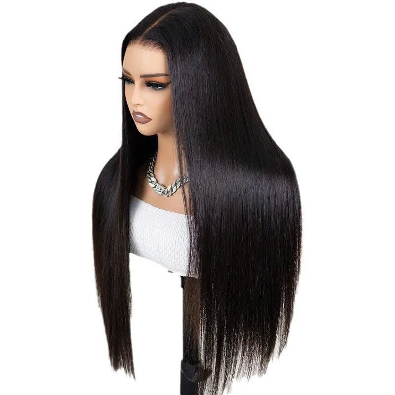 Straight black human hair wig with 13x6 lace front construction on display