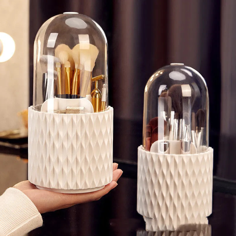 White acrylic makeup brush holder with transparent dust cover and rotating base