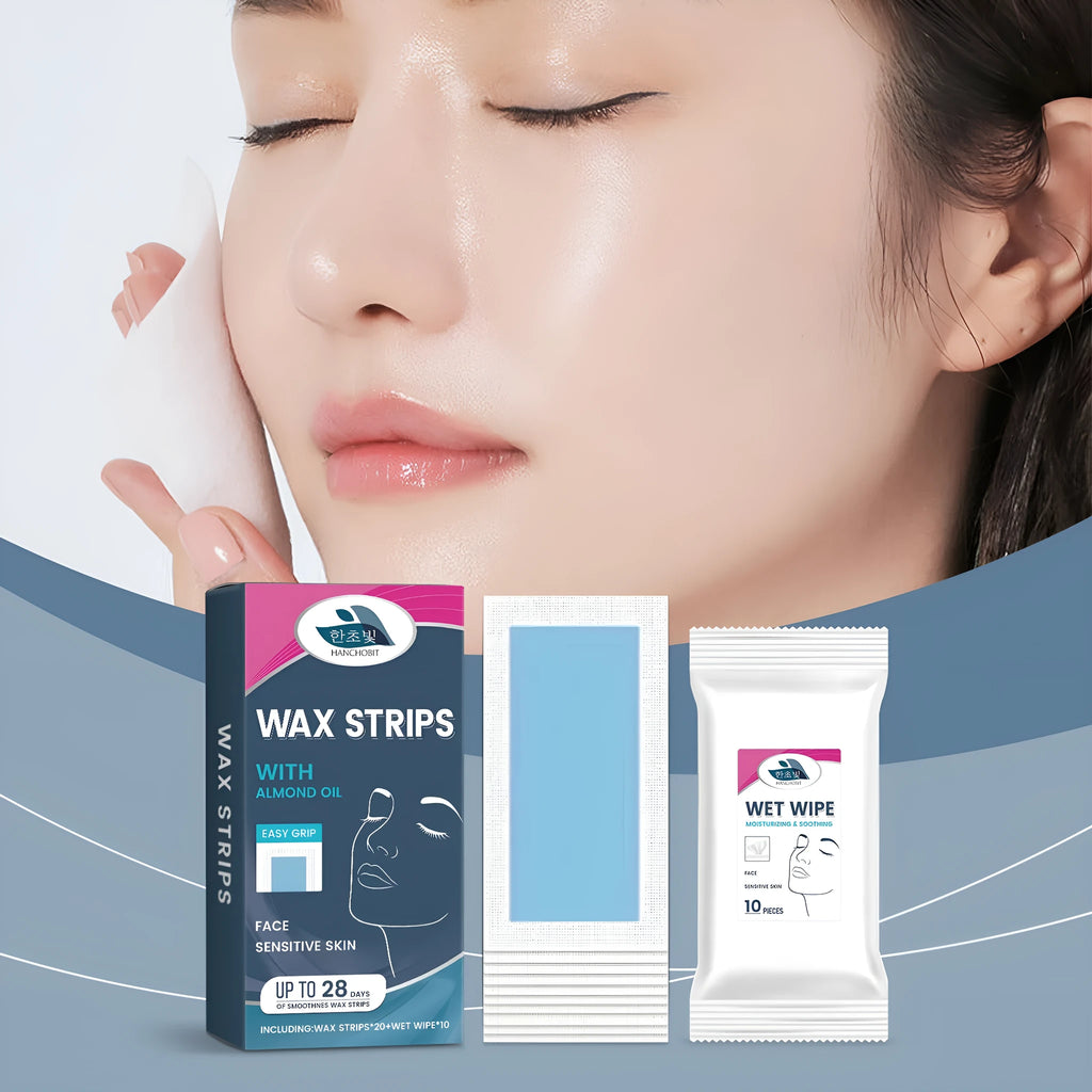 HANCHOBIT facial hair removal wax paper strips with wet wipes in packaging