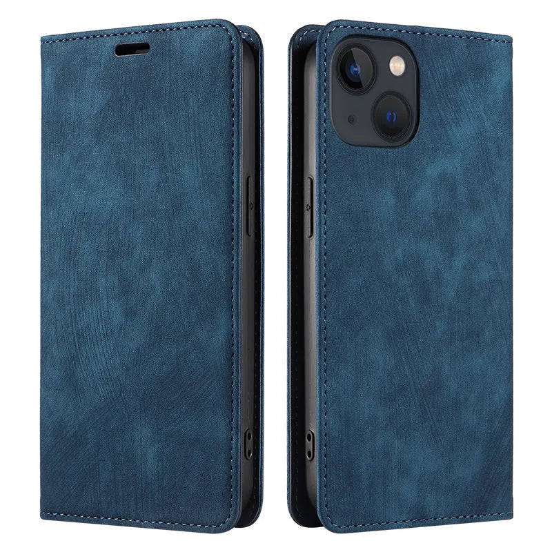 Magnetic flip phone case for iPhone in genuine leather and TPU, showing black, brown, and blue colour options.