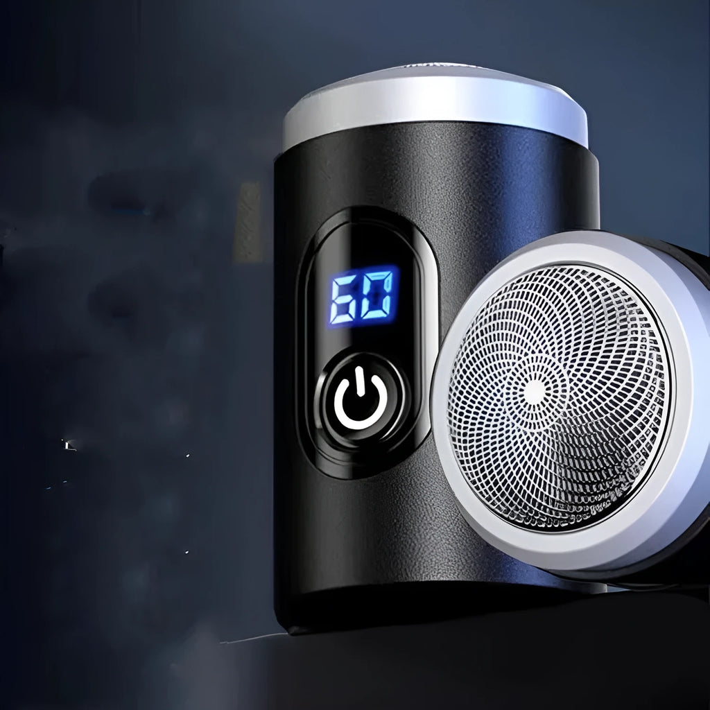 Black mini USB rechargeable electric shaver with cleaning brush and protective cover