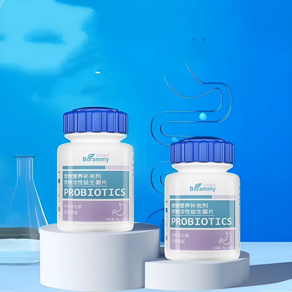 Bottle of 180 pet probiotic tablets for dog and cat digestive health