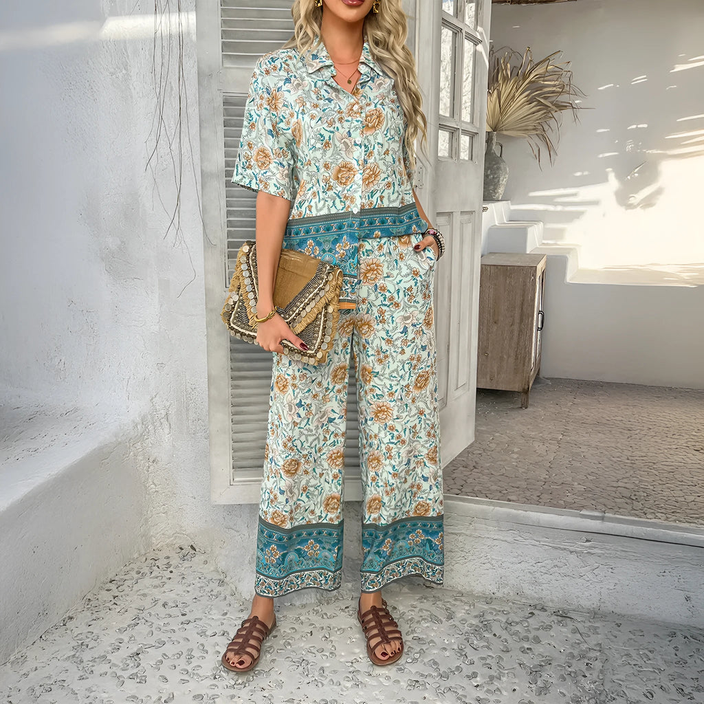 Bohemian print viscose short sleeve top and long pants set in contrast colours for women