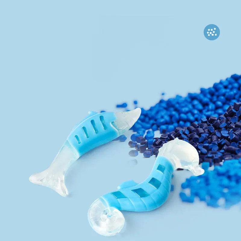 Two dog chew toys: seahorse and tuna shapes made from PU nylon with textured surfaces for teeth cleaning, each 15cm long