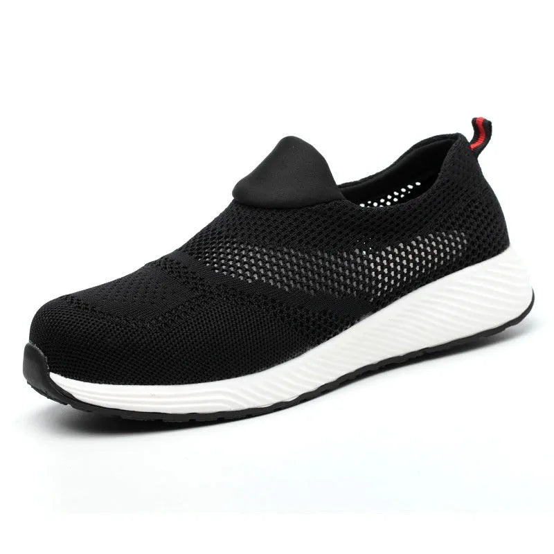 Men's lightweight anti-smash anti-puncture steel toe work shoes in black with mesh upper low-top design