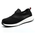 Men's lightweight anti-smash anti-puncture steel toe work shoes in black with mesh upper low-top design