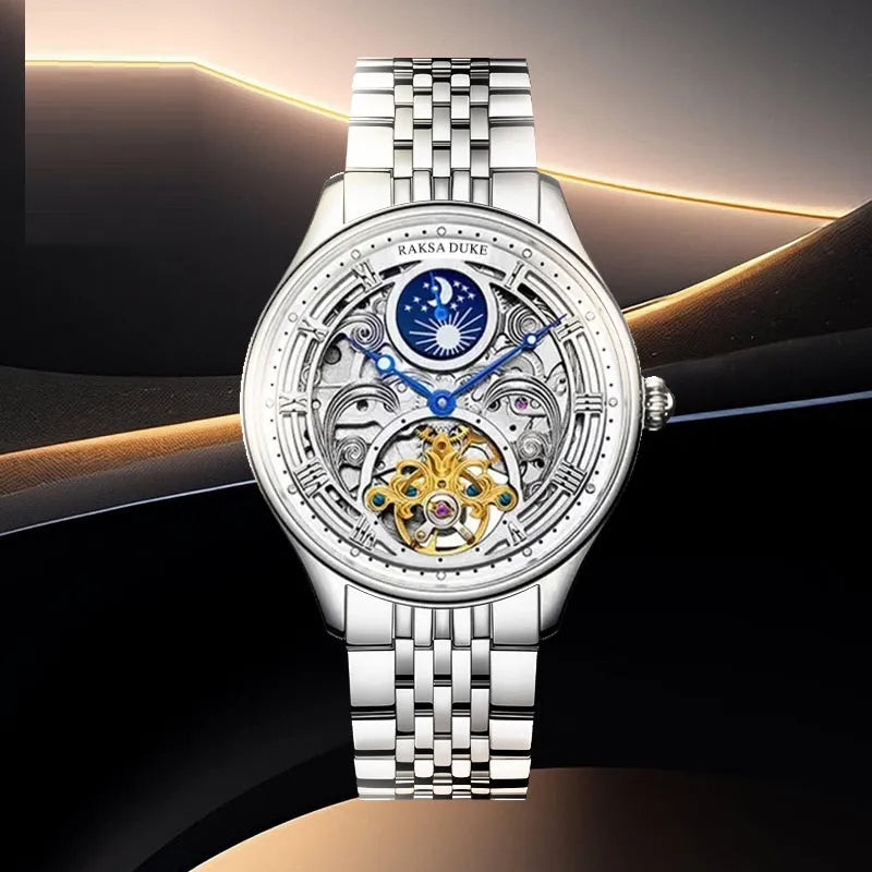 Business leisure waterproof watch for men with stainless steel strap, 16mm thickness, 6100 series hollow white design
