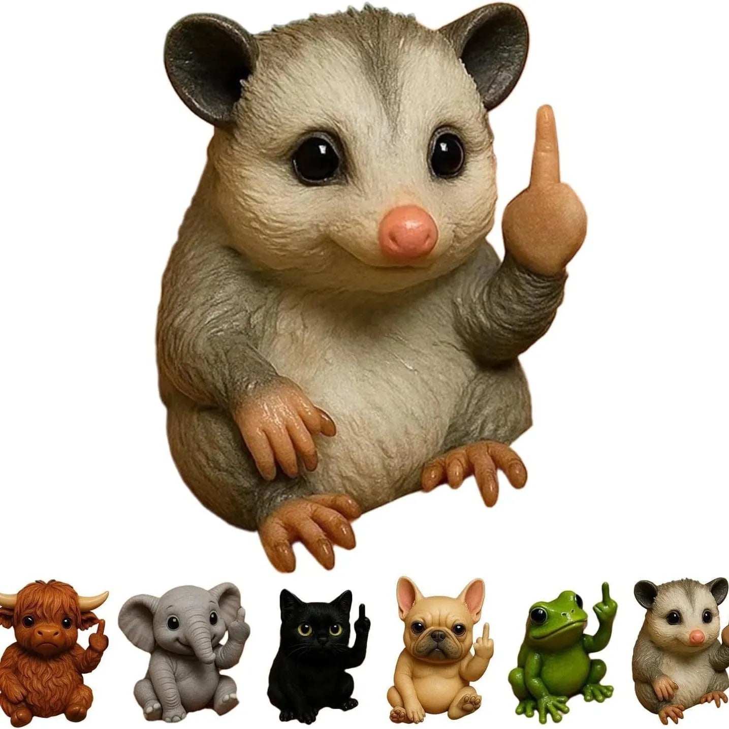 Mini resin animal doll making a vertical middle finger gesture, available in cat, dog, elephant, frog, mouse, turtle, and highland cattle designs.