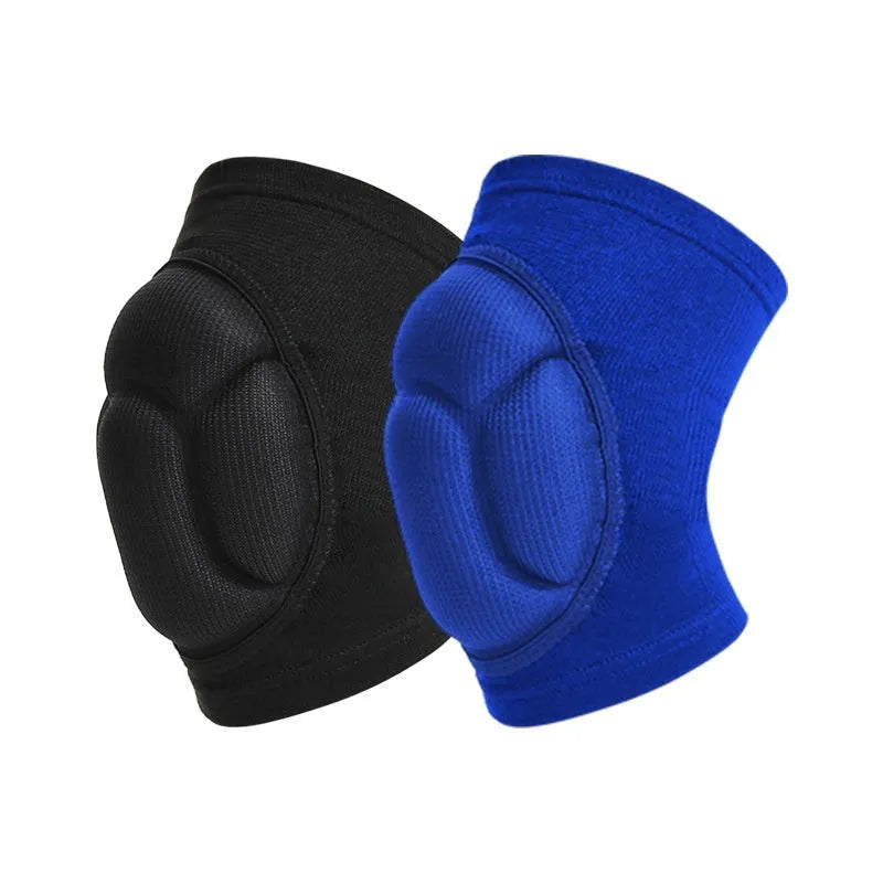 Black and blue thick sponge knee pads with breathable polyester construction for volleyball and outdoor sports