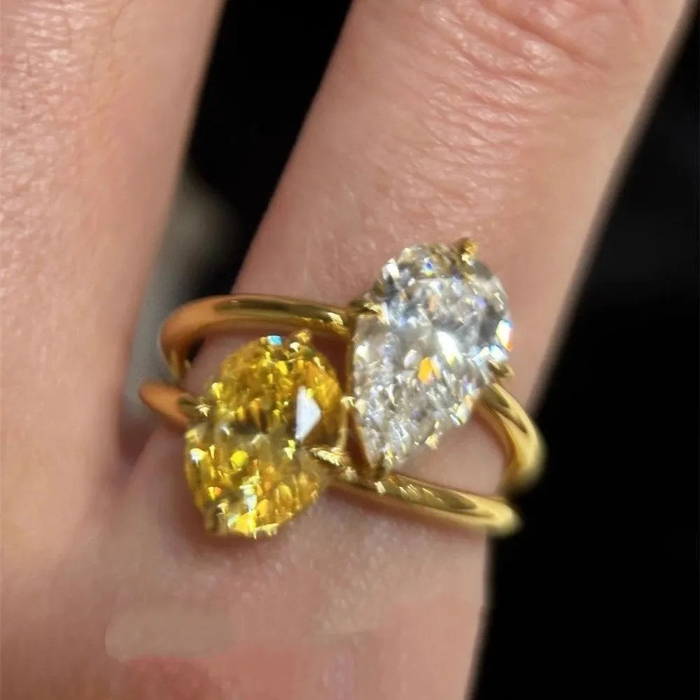 Women's geometric copper open ring with water drop double sheng stone design