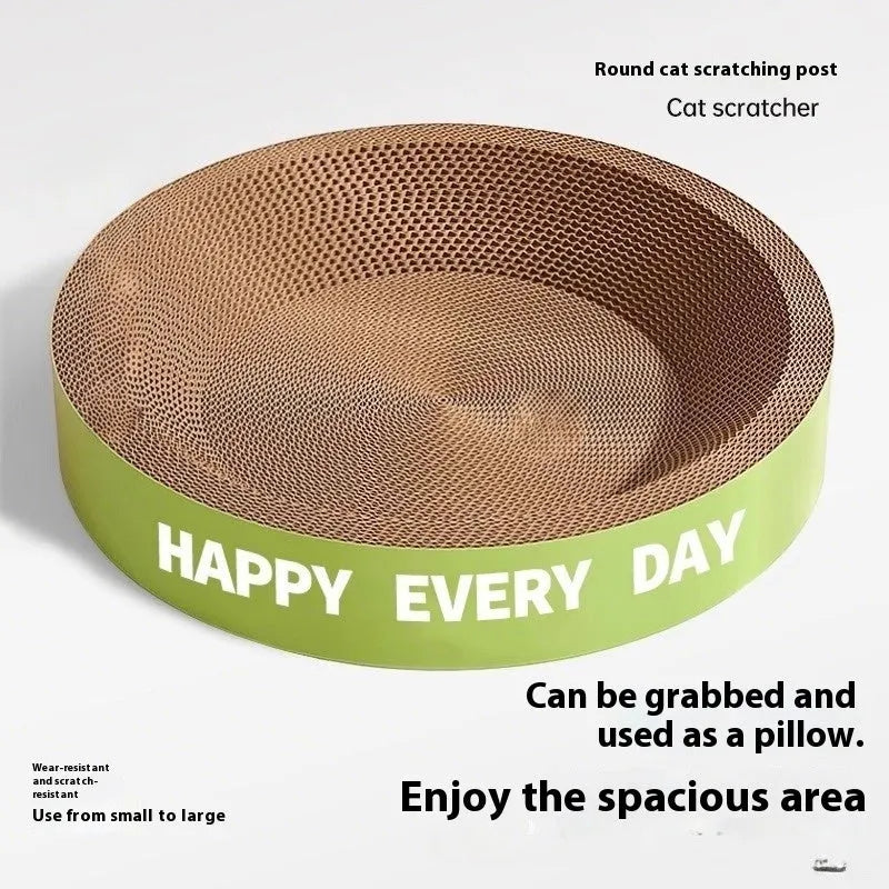 Green round cat scratching board and nest bed combination unit showing integrated design