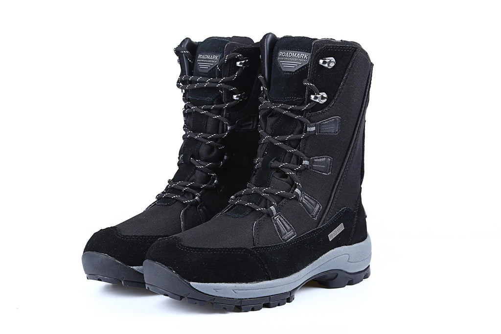 Women's black waterproof thermal snow boots with a genuine leather upper and mid-calf height