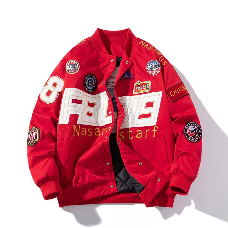 Black American motorcycle-style loose-fit baseball jacket with side seam pocket, shown as part of a couples uniform.