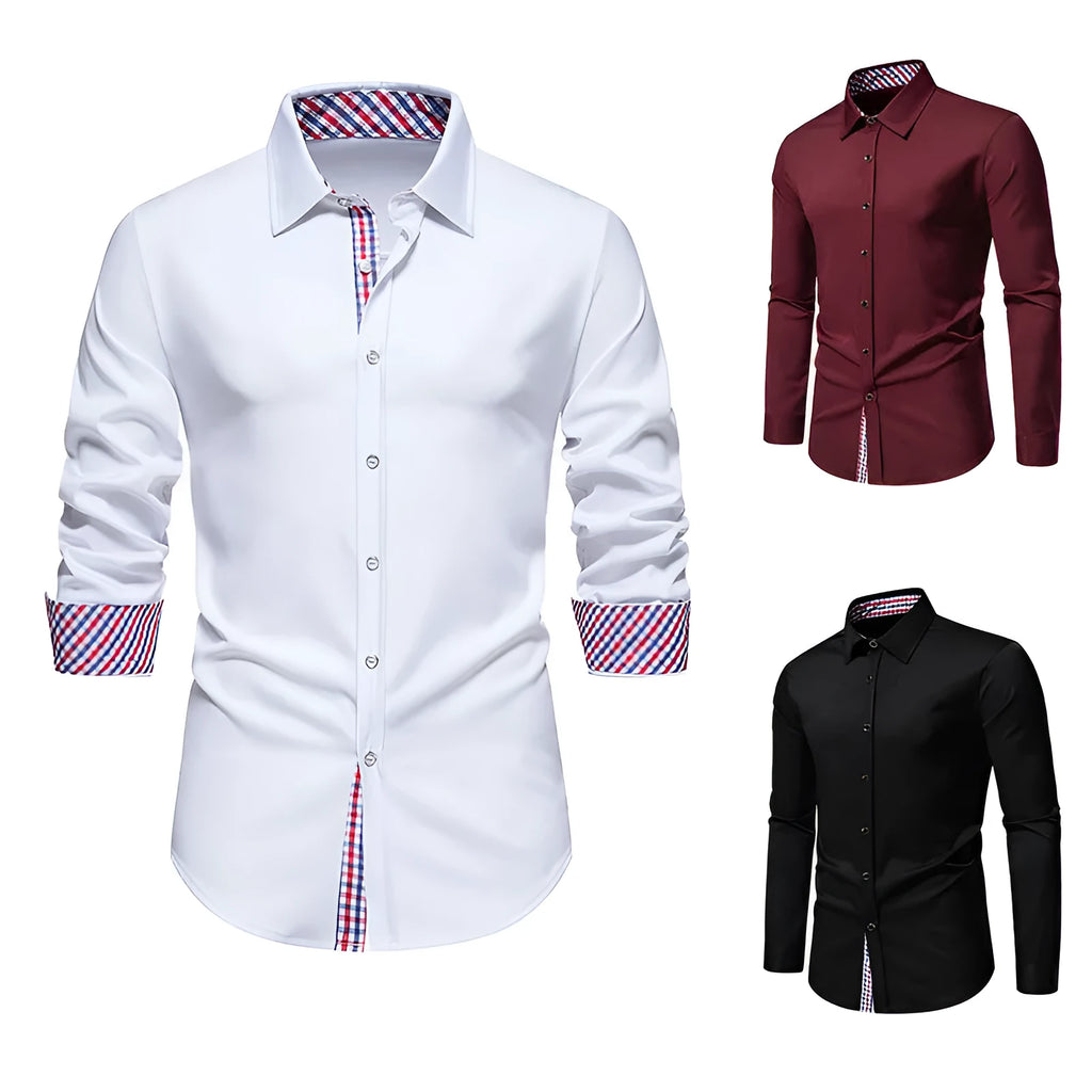 Men's loose plaid stitching casual long-sleeved shirt in polyester fibre, available in black, cardigan style.