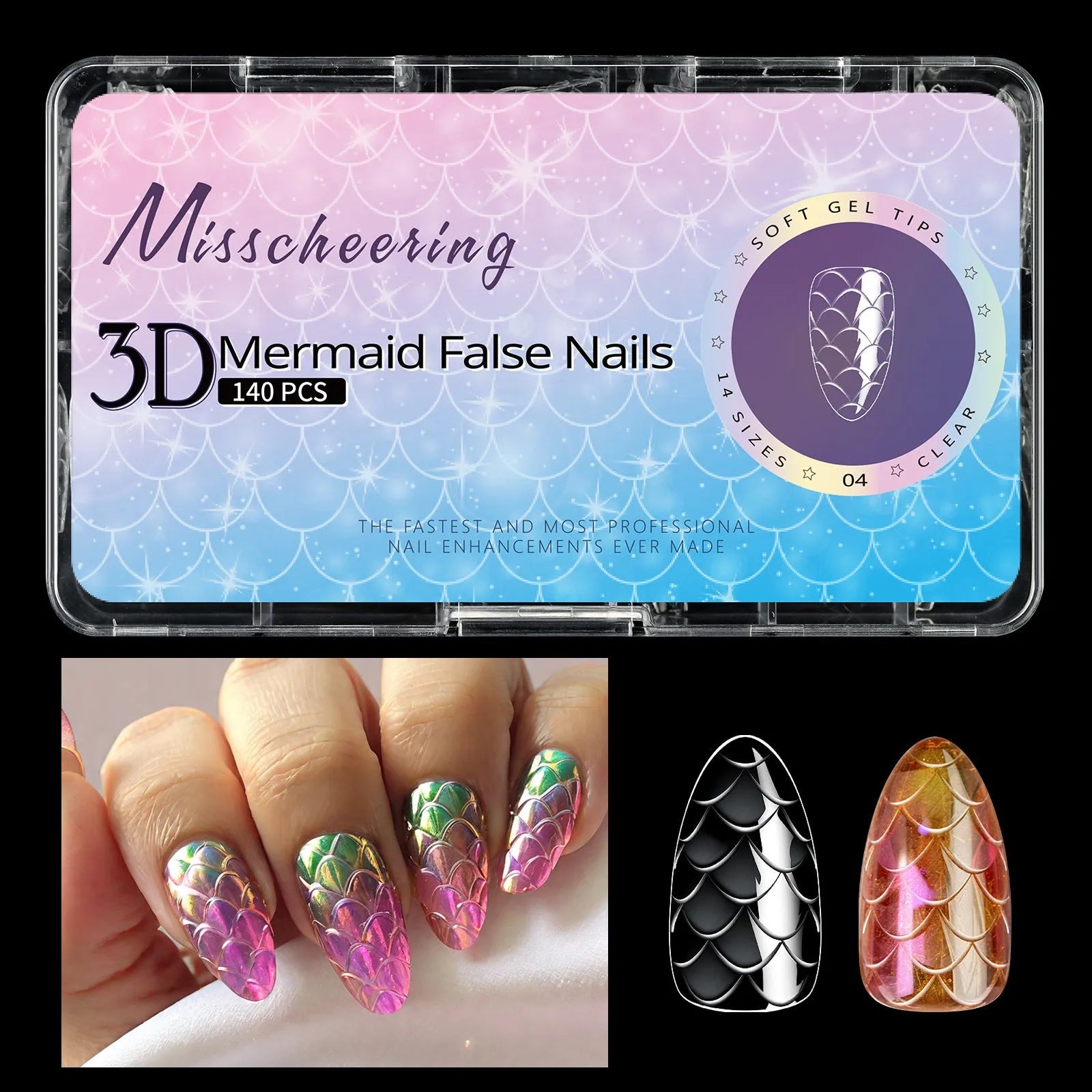 3D scale long shaping nail tips in Frigate box packaging with multiple colour options for nail extension use