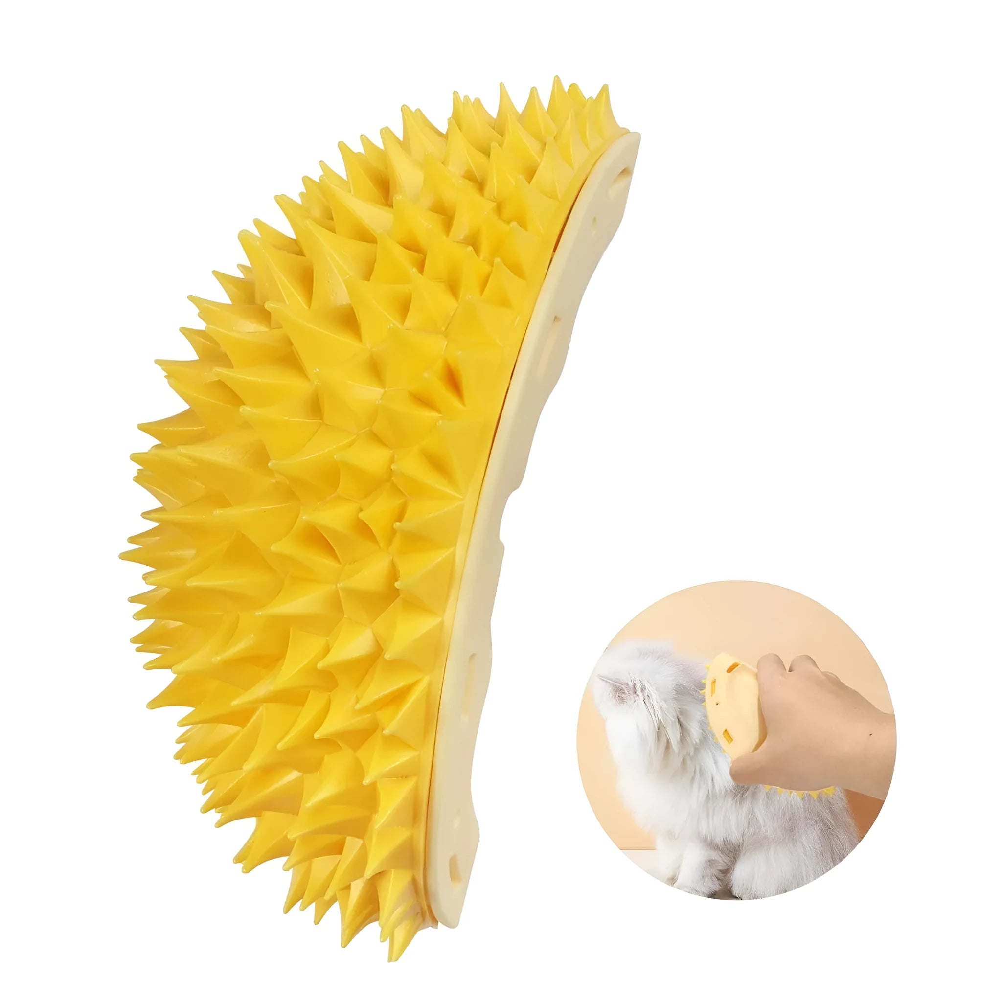 Yellow durian-shaped cat corner scratcher with cat face pattern and adhesive backing.