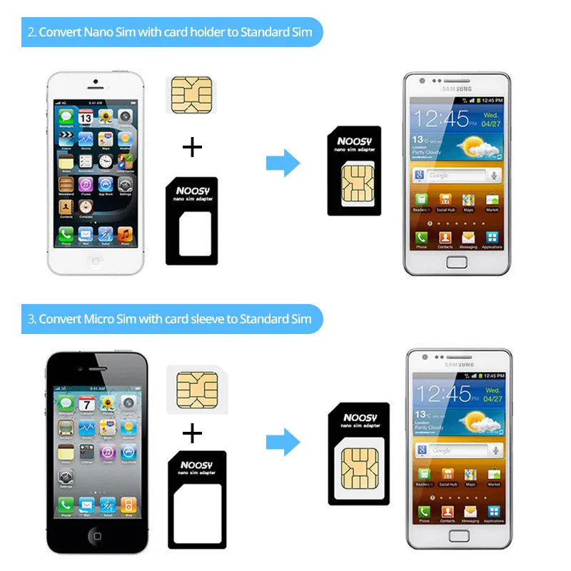 SIM Restore four-in-one adapter set with three SIM cards and metal picking pin in black and white