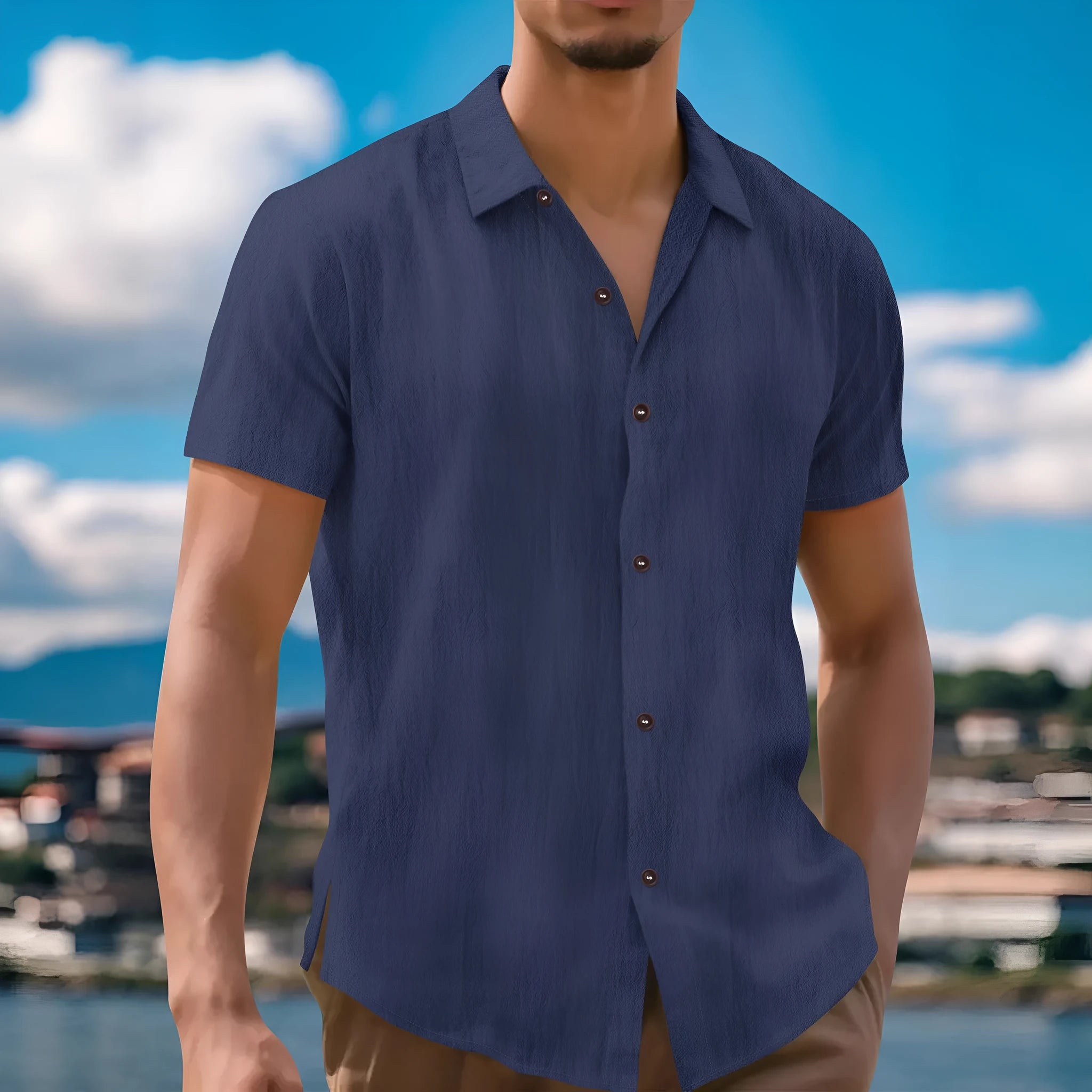 Men's linen lapel short sleeve shirt in khaki, front view, cardigan-style collar, short sleeves